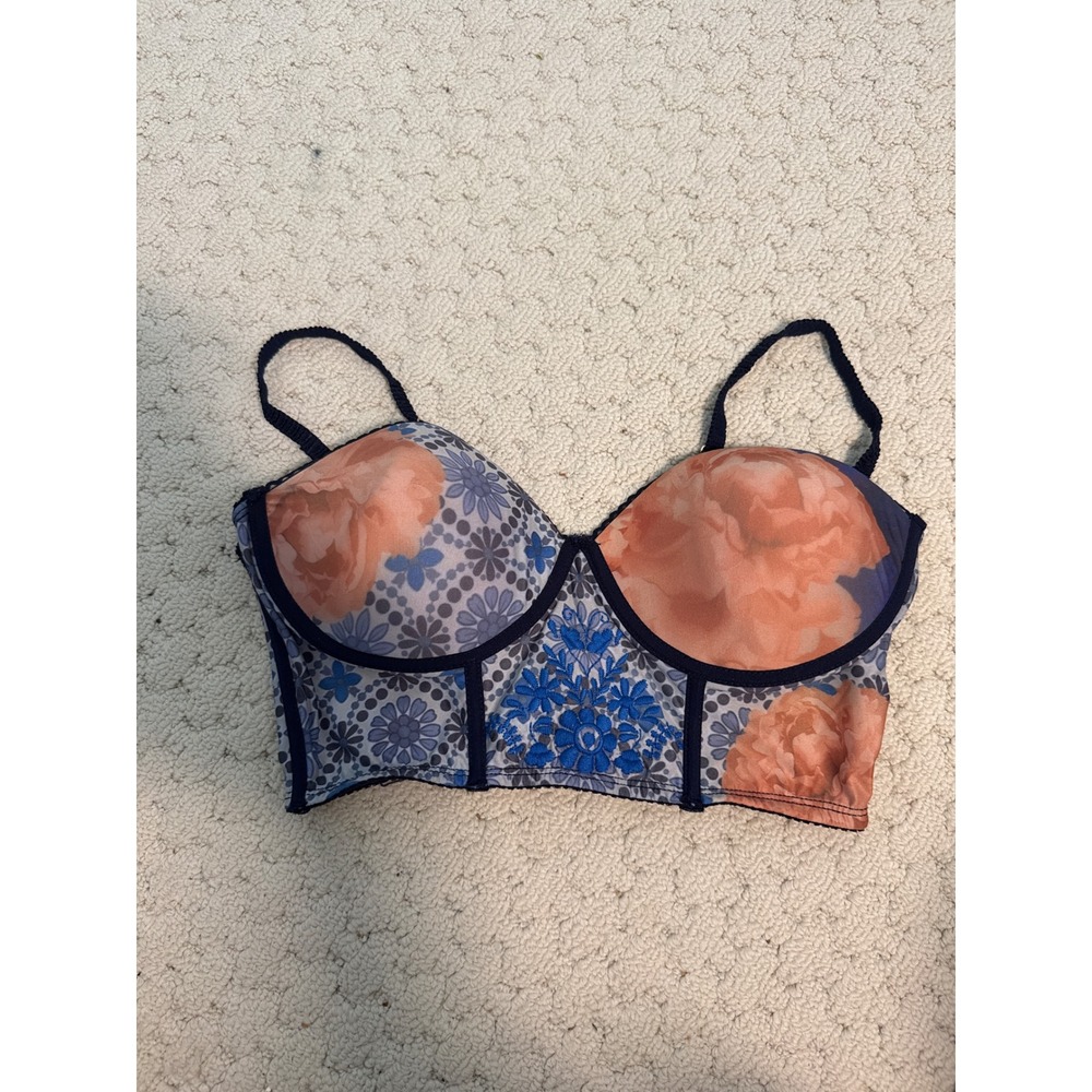 Naja Adriana Bustier Bra 34DD Blue Orange Floral  Print Longline Underwire